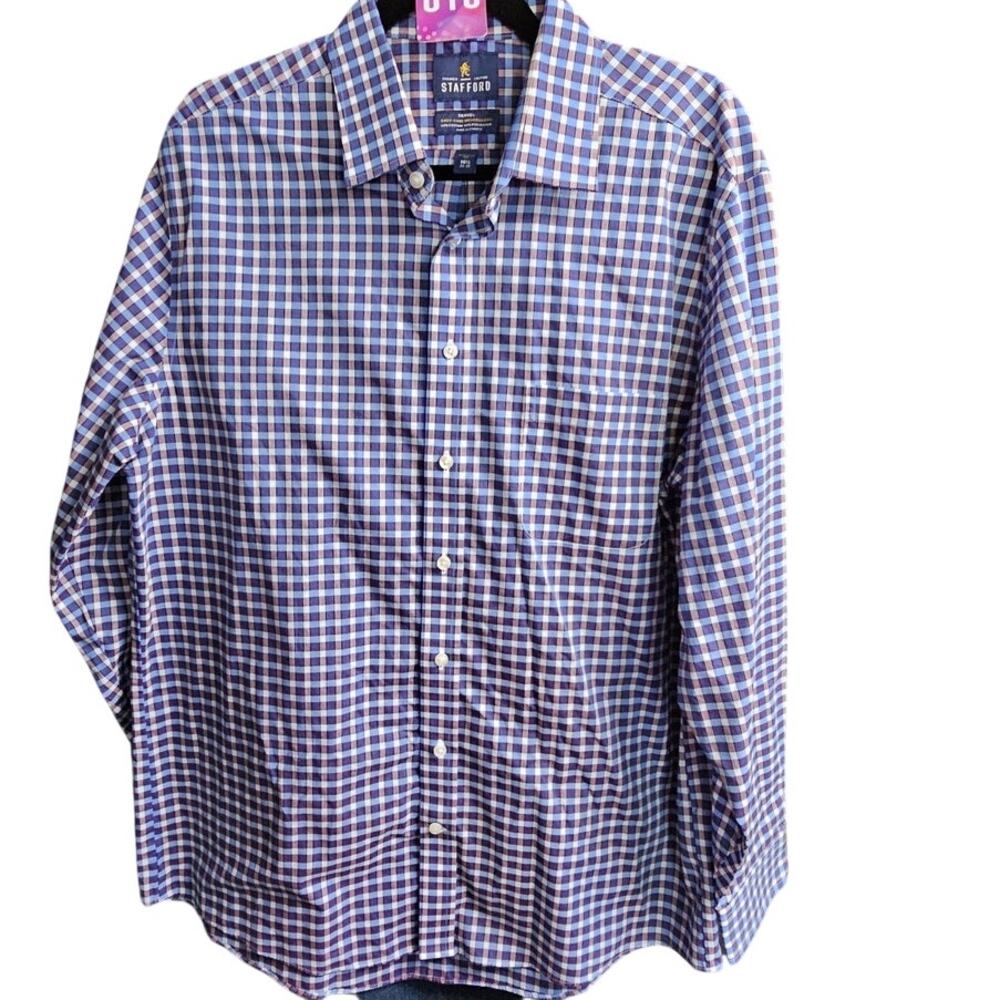 Stafford Travel Easy-Care Broadcloth Plaid Shirt Size 16 1/2 34-35 Regular Fit